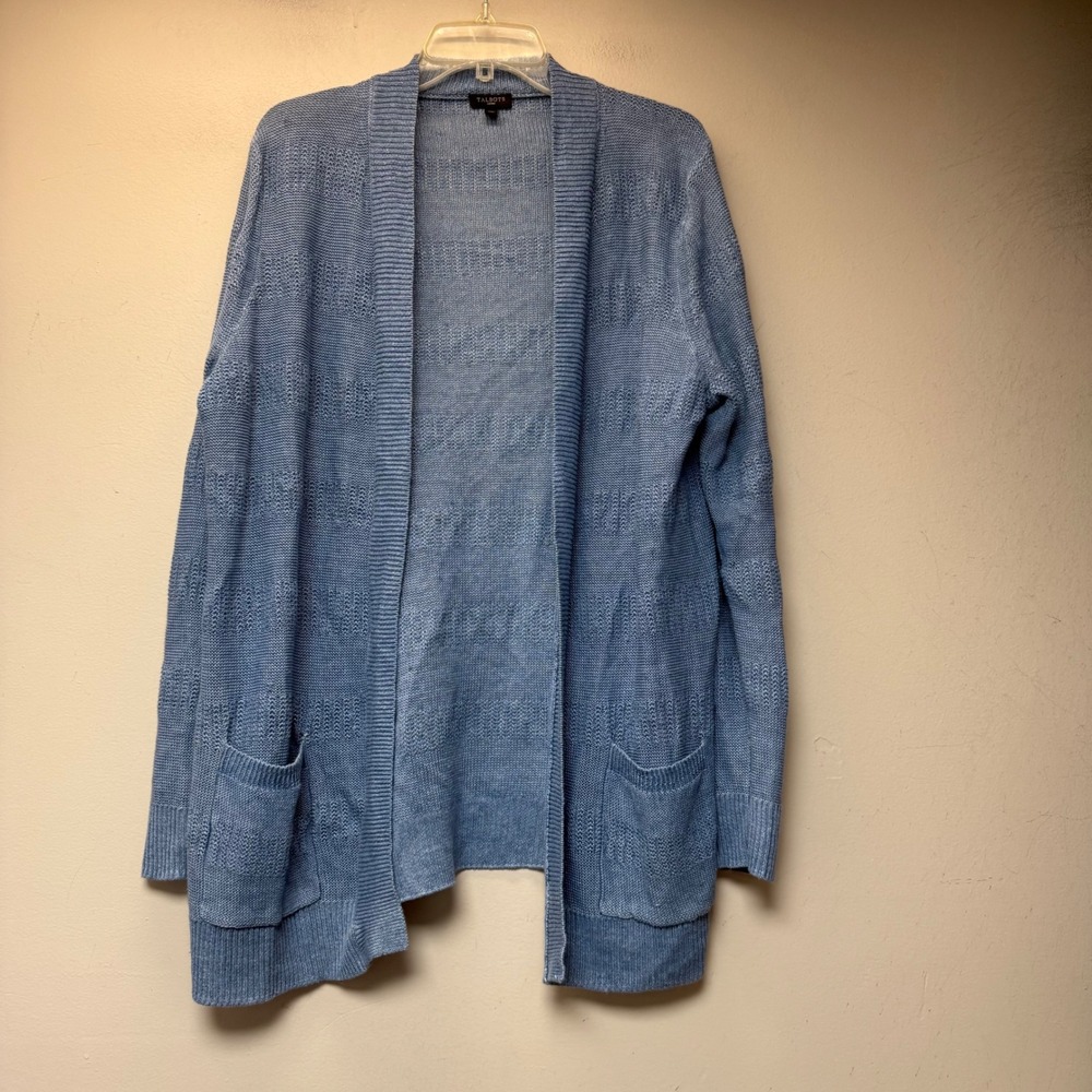 Talbots Cardigan Woman 1X Blue Excellent 100% Linen Open Front Textured Pockets
